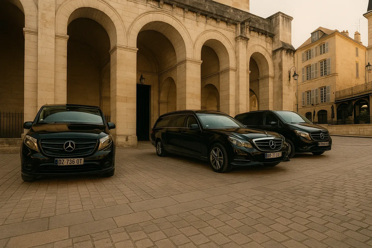 Corbillards Mercedes alignés sur une place pavée, prêts pour une cérémonie funéraire.