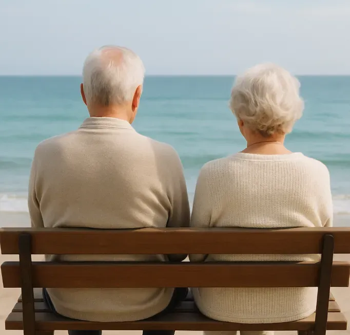 Couple de seniors assis sur un banc de bois face à la mer méditant ensemble.