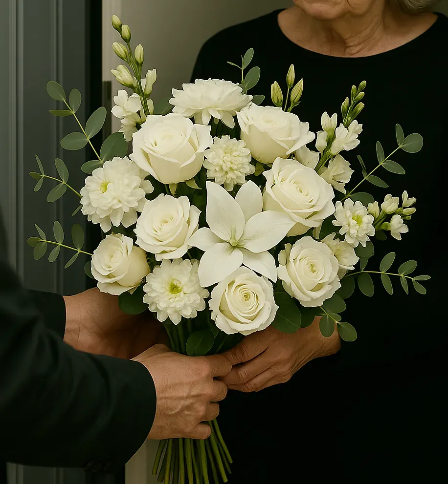 Un homme offrant un grand bouquet de fleurs blanches et de lys à une femme.