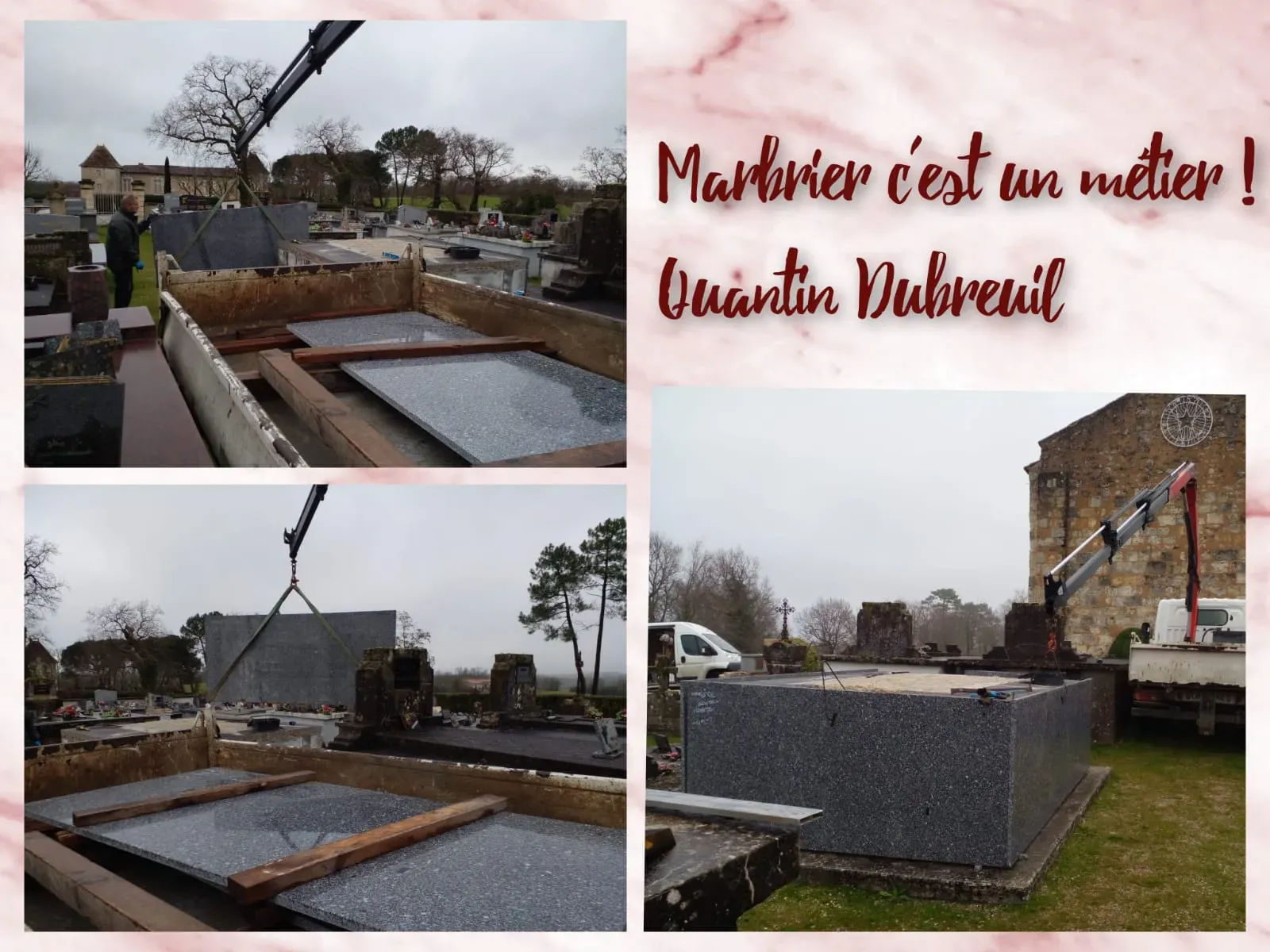 Travaux de marbrerie funéraire avec pose d'un monument en granit par camion-grue.